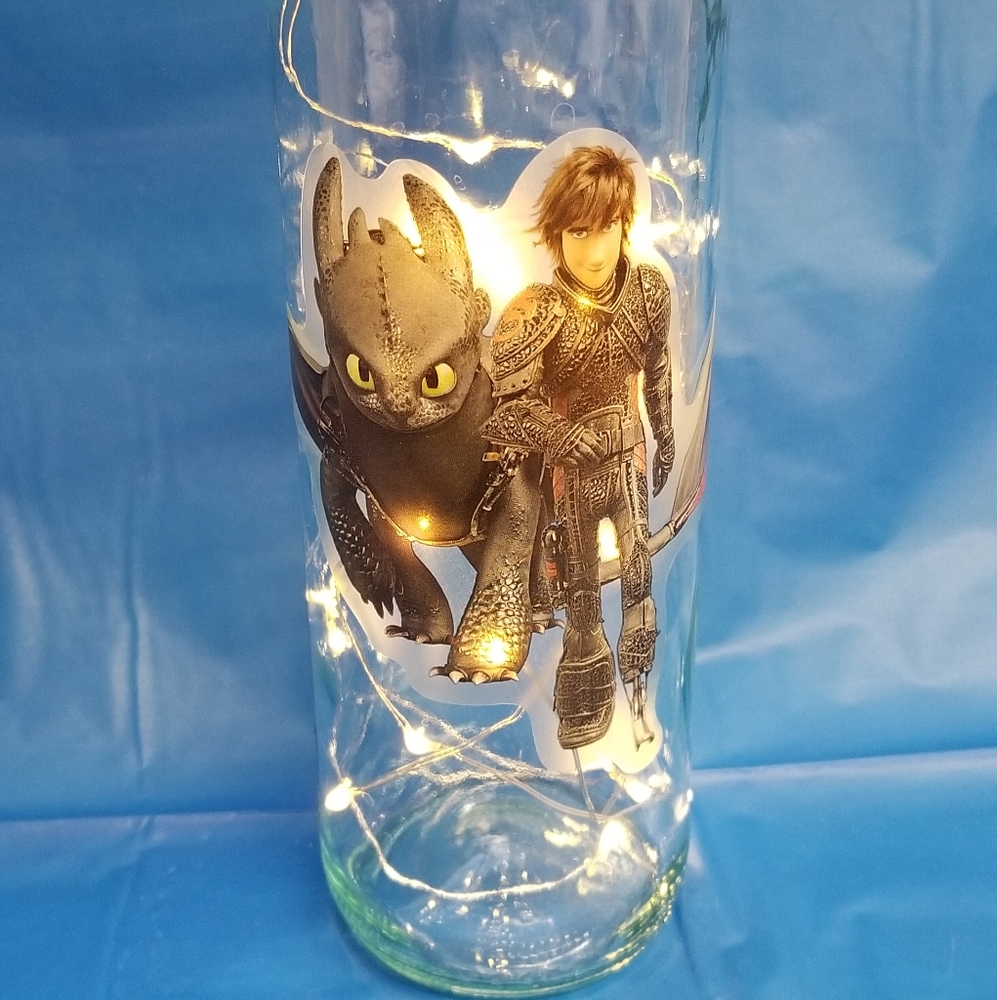 Lighted Hiccup and Toothless wine bottle